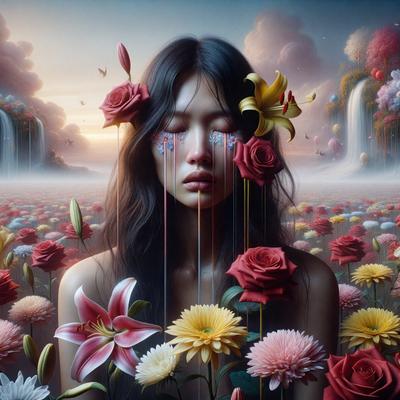 The primary subject of the image is a woman with a tear on her face, surrounded by a field of flowers. She is wearing a dress and has a flower in her hair. The setting is a beautiful garden with waterfalls in the background. The visual style is a combination of digital art and illustration, creating a vibrant and lush atmosphere. The colors and mood of the image are predominantly warm and inviting, with the woman's tear adding a touch of emotion to the scene.